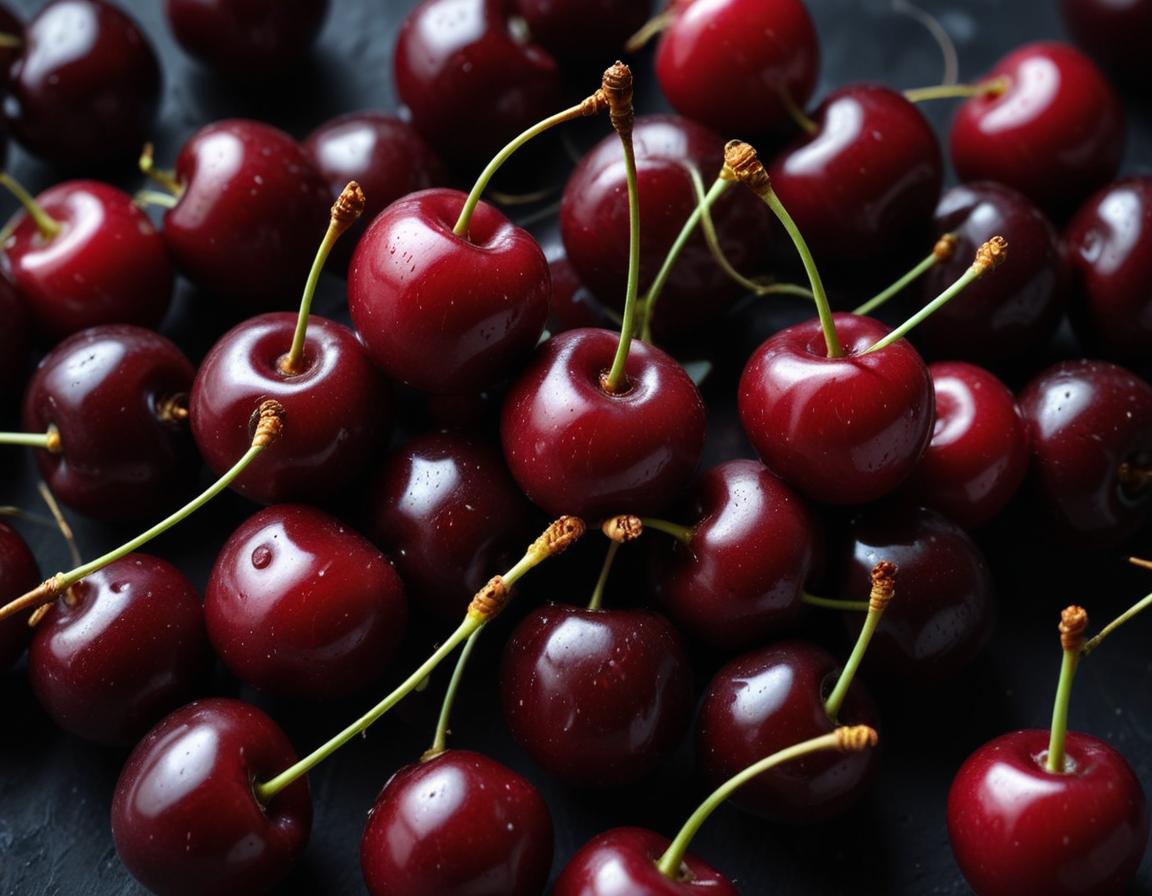 Fresh cherries arranged on a dark surface for display Fresh cherries arranged on a dark surface for display