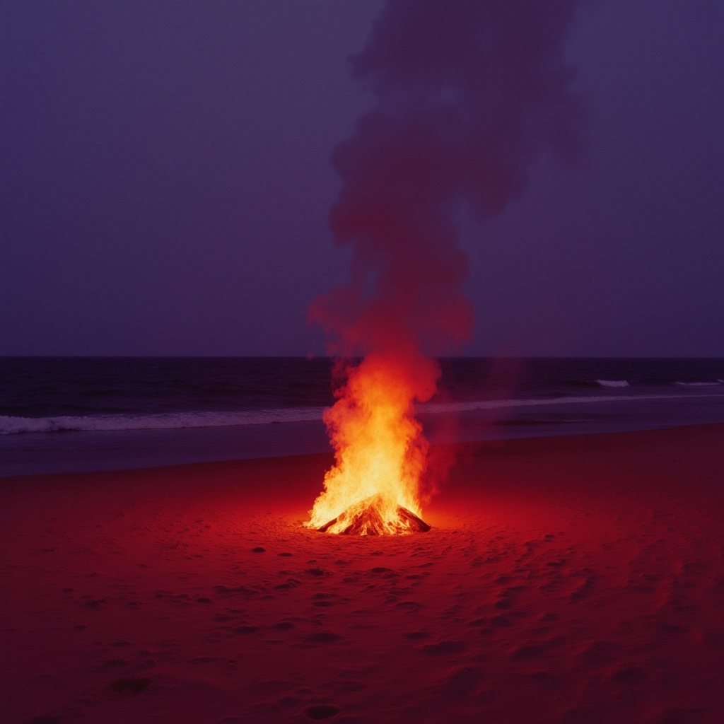 Beach bonfire illuminates the shore at twilight Beach bonfire illuminates the shore at twilight