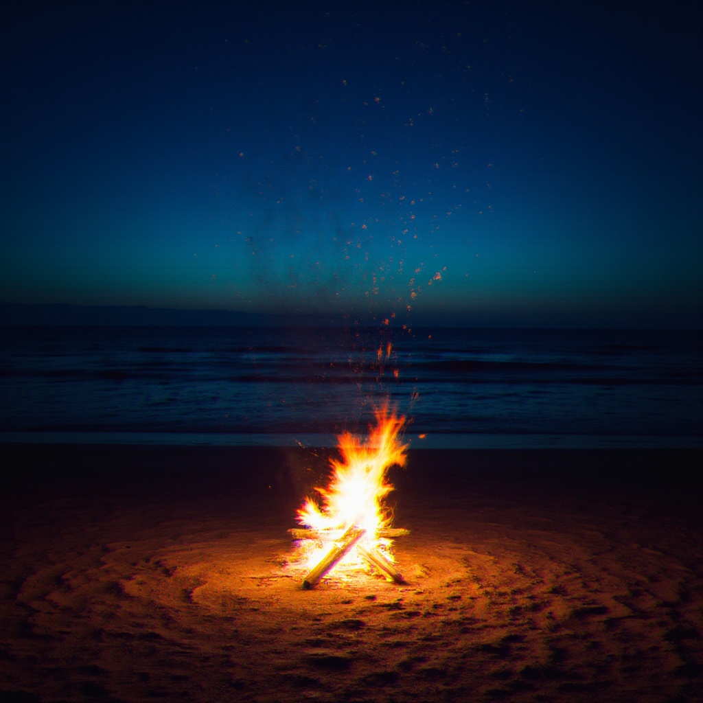 Fire burns brightly on the quiet beach at dusk Fire burns brightly on the quiet beach at dusk