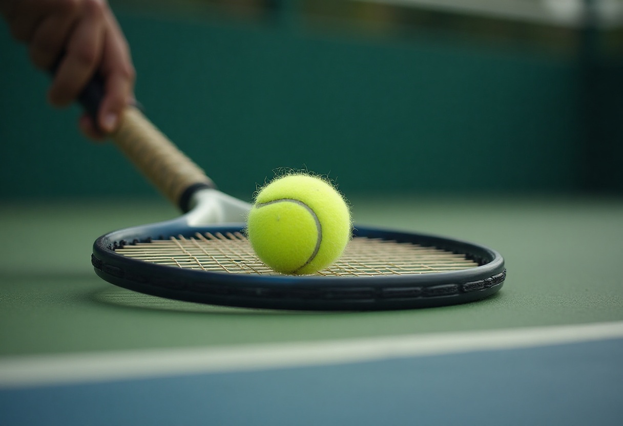 Tennis racket positioned with ball ready for a serve Tennis racket positioned with ball ready for a serve