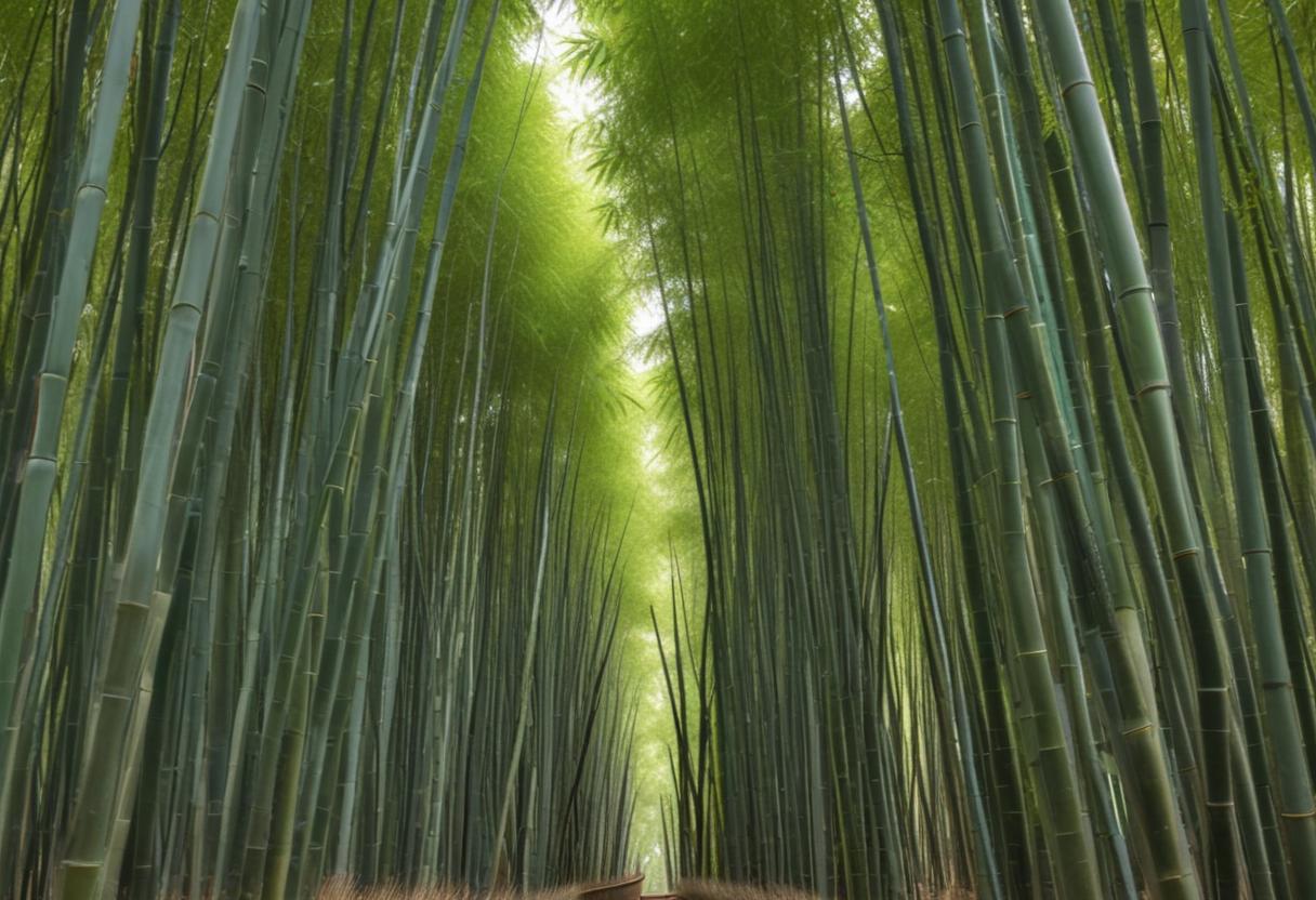 Lush green bamboo forest creates serene pathway Lush green bamboo forest creates serene pathway