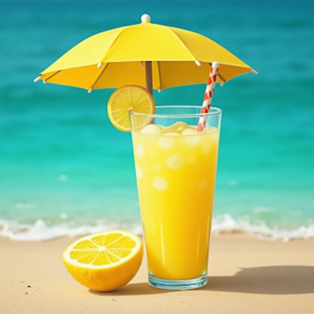 Refreshing lemonade on a sunny beach by the ocean Refreshing lemonade on a sunny beach by the ocean