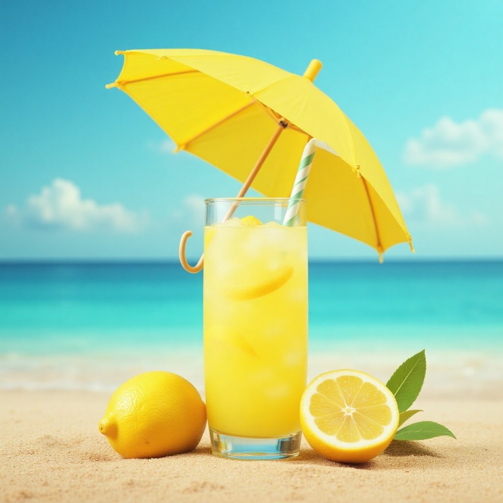 Refreshing lemon drink with umbrella on sunny beach Refreshing lemon drink with umbrella on sunny beach