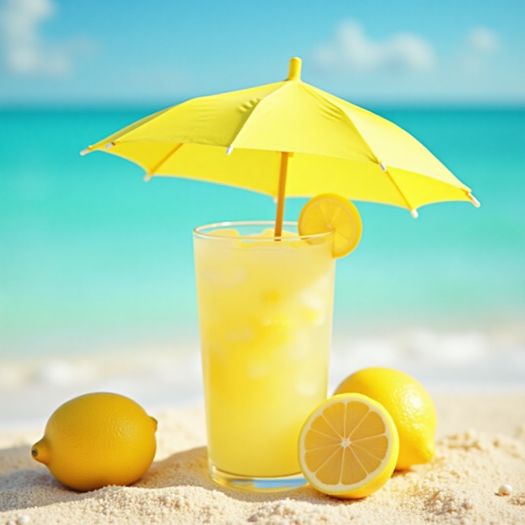 Refreshing lemonade with umbrella on beach shore Refreshing lemonade with umbrella on beach shore