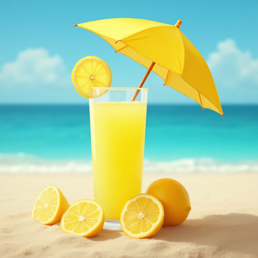 Refreshing lemonade with umbrella on sandy beach Refreshing lemonade with umbrella on sandy beach