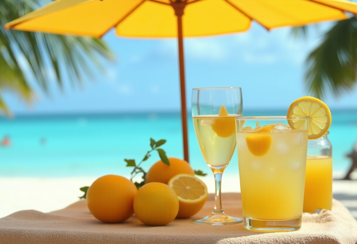 Refreshing lemonade served on a tropical beach setting Refreshing lemonade served on a tropical beach setting