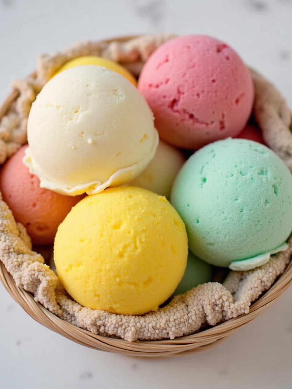 Colorful ice cream scoops in a basket Colorful ice cream scoops in a basket