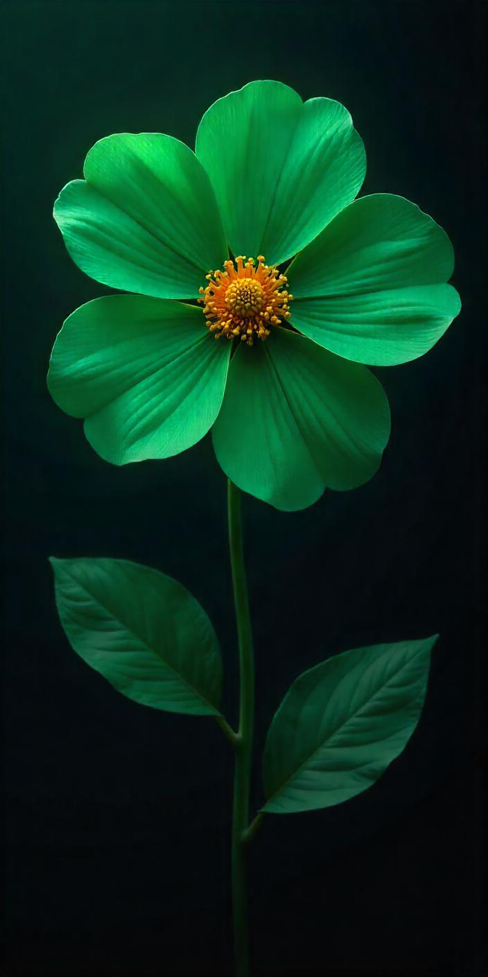 Green flower with yellow center on dark background Green flower with yellow center on dark background