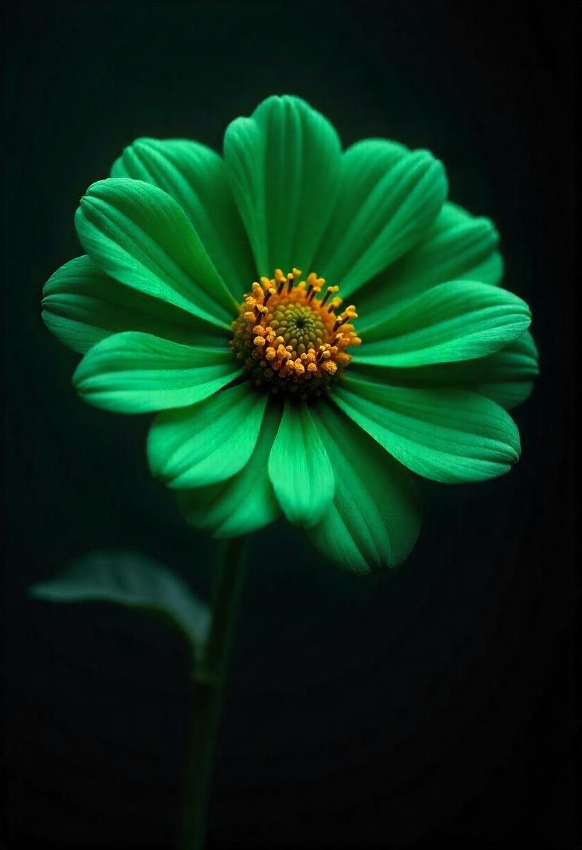 Vibrant green flower with yellow center in low light Vibrant green flower with yellow center in low light