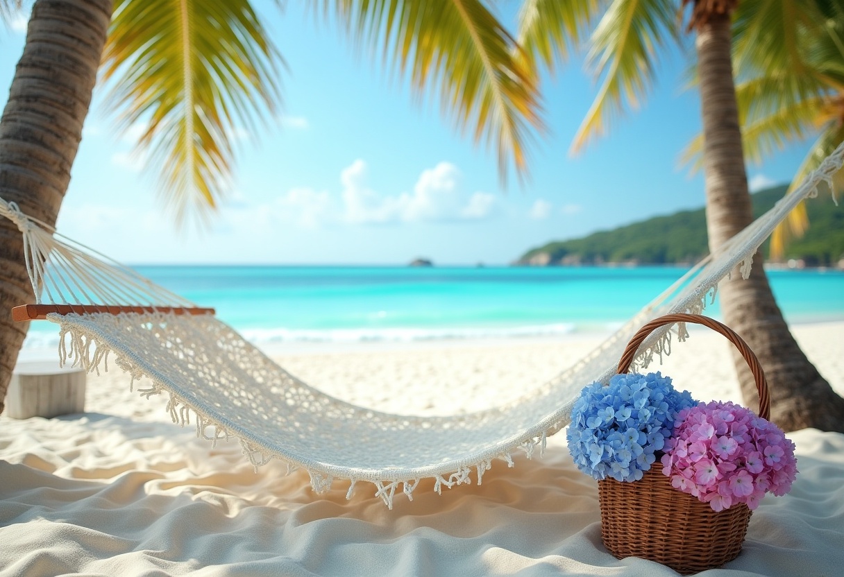 Hammock under palm trees at a tranquil beach setting Hammock under palm trees at a tranquil beach setting