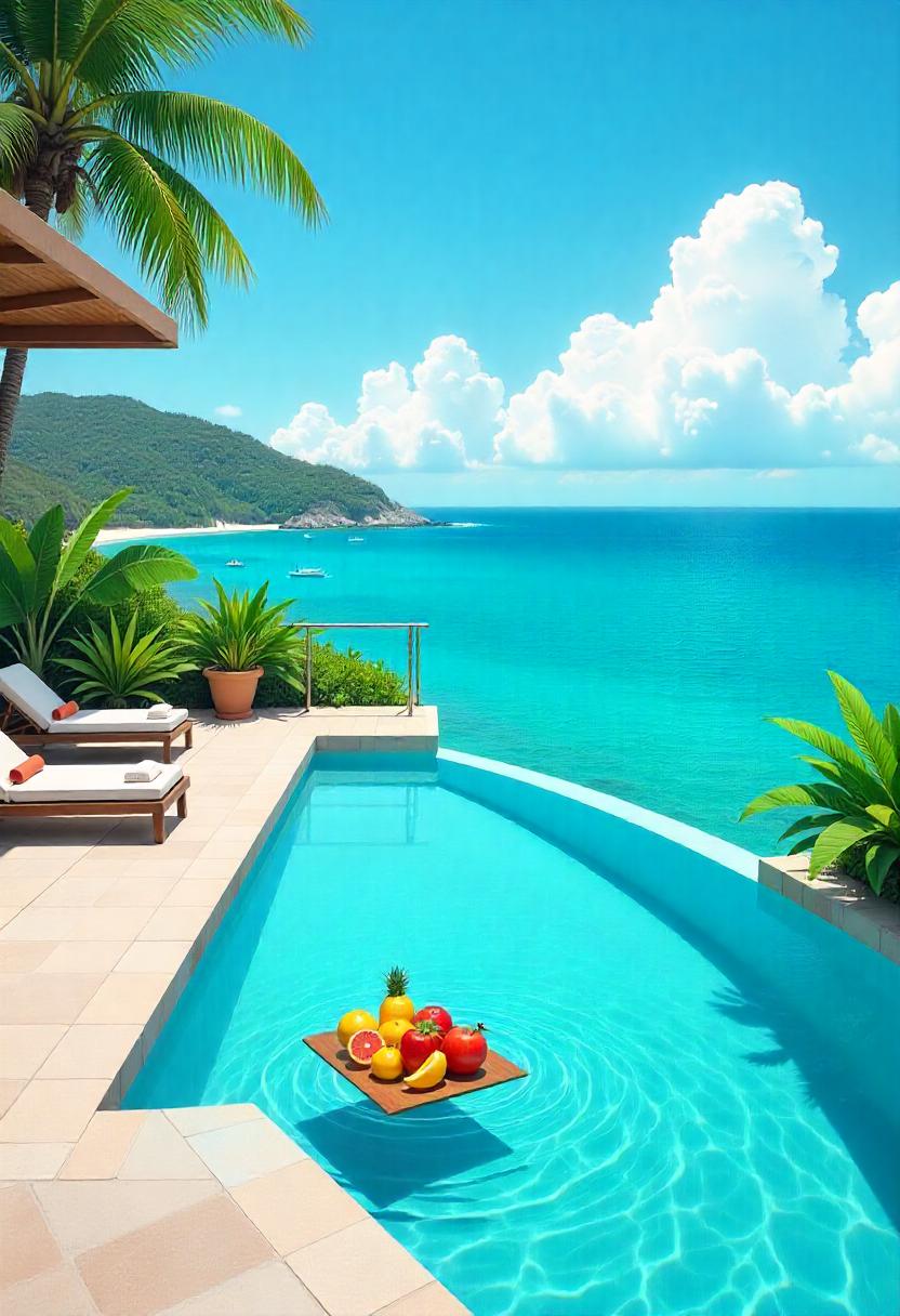 Beautiful poolside view overlooking turquoise ocean Beautiful poolside view overlooking turquoise ocean