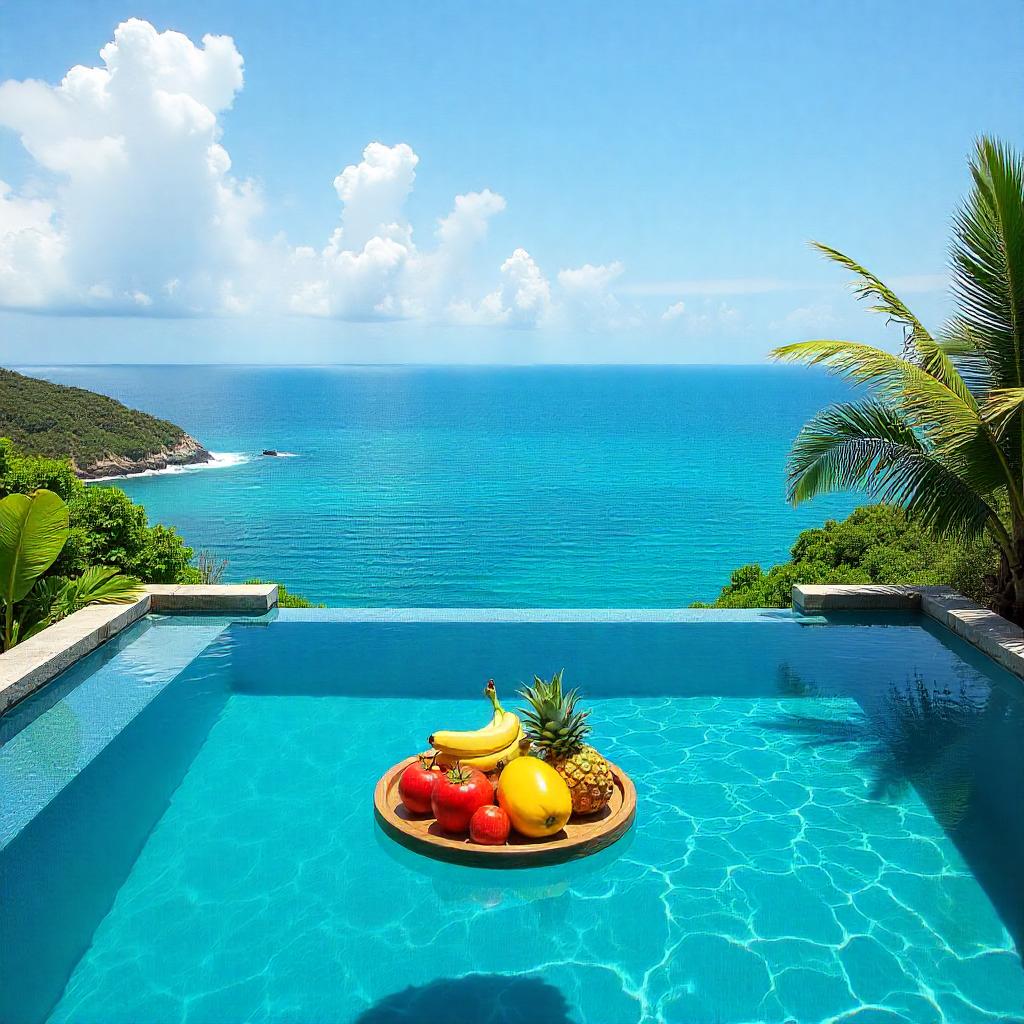 Beautiful tropical pool view with fresh fruits on platter Beautiful tropical pool view with fresh fruits on platter