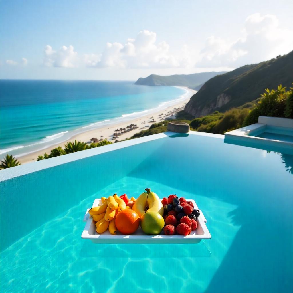 Refreshing fruit platter by a serene ocean view Refreshing fruit platter by a serene ocean view