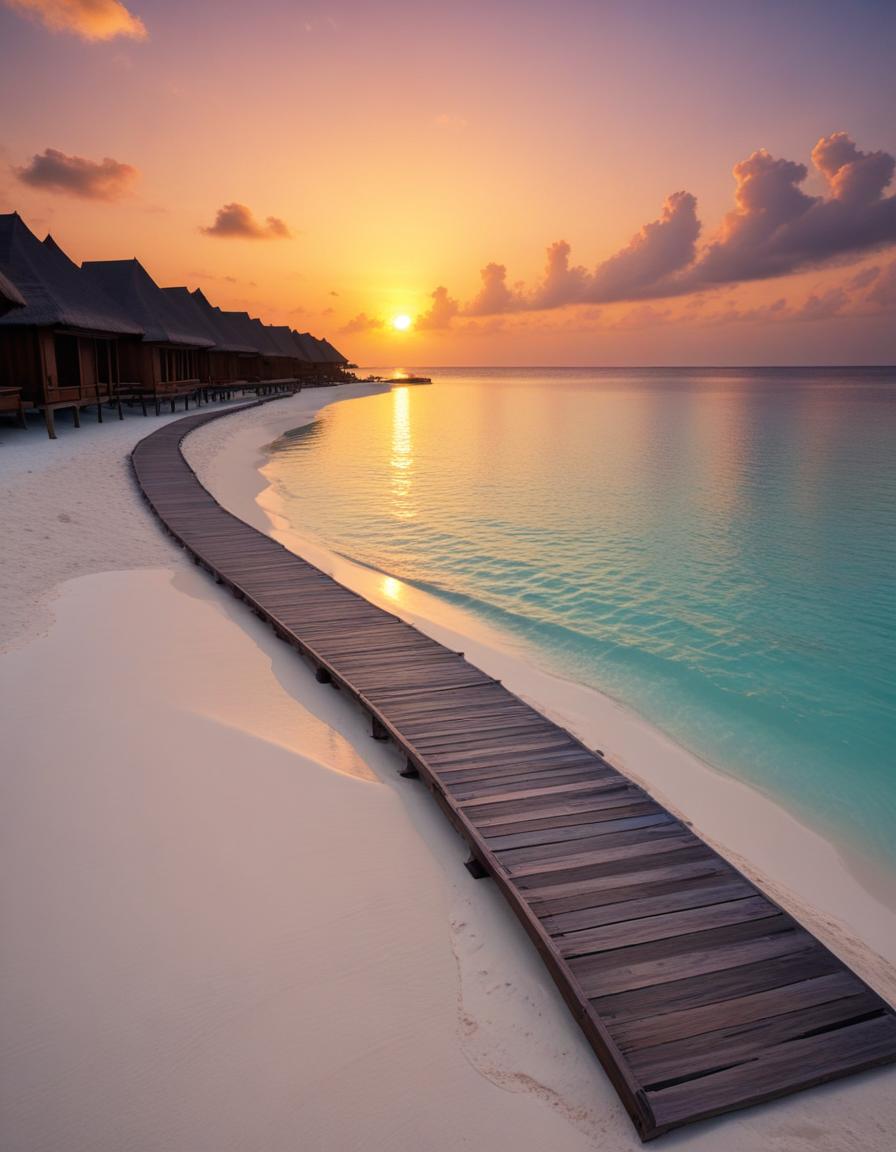Serene sunset on a tranquil beach with wooden pathway Serene sunset on a tranquil beach with wooden pathway