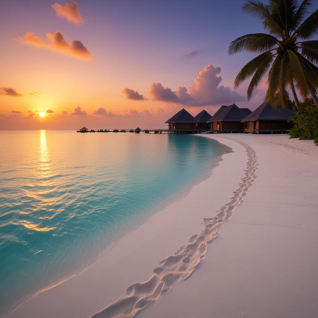 Sunset over tranquil beach with villas in the maldives Sunset over tranquil beach with villas in the maldives