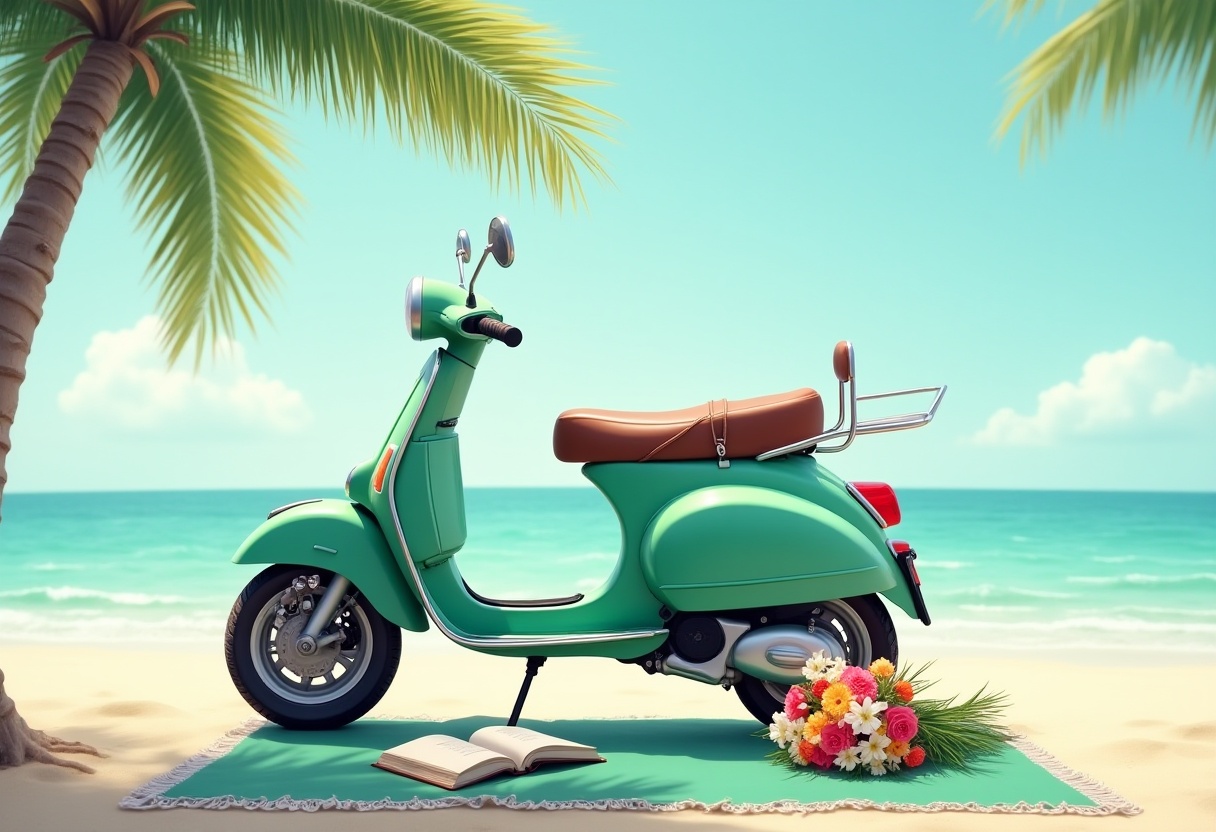 Classic scooter parked by the beach with tropical vibe Classic scooter parked by the beach with tropical vibe