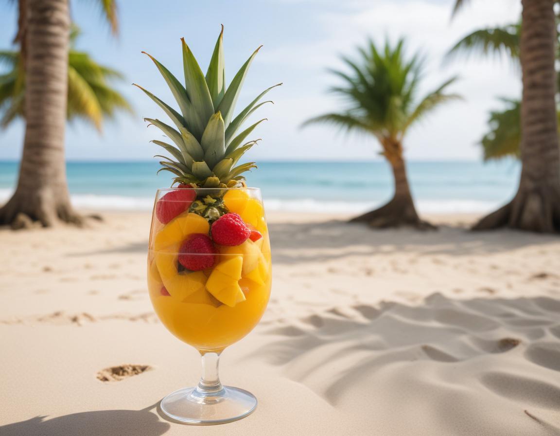 Refreshing tropical fruit cocktail on sunny beach Refreshing tropical fruit cocktail on sunny beach