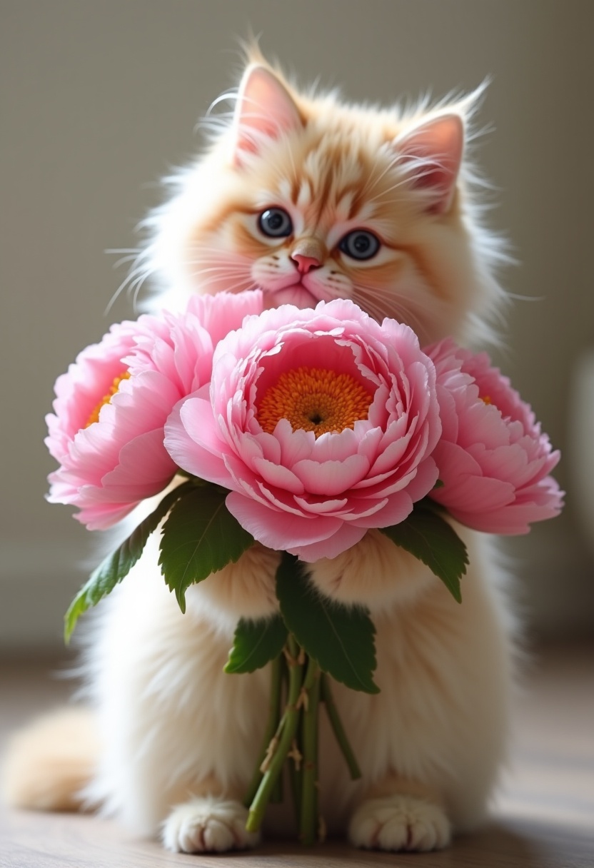 Fluffy cat holds pink flowers in a cozy indoor setting Fluffy cat holds pink flowers in a cozy indoor setting