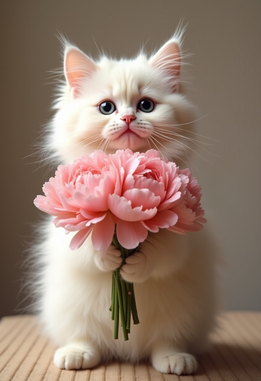 Fluffy white kitten holding pink flowers in soft light Fluffy white kitten holding pink flowers in soft light