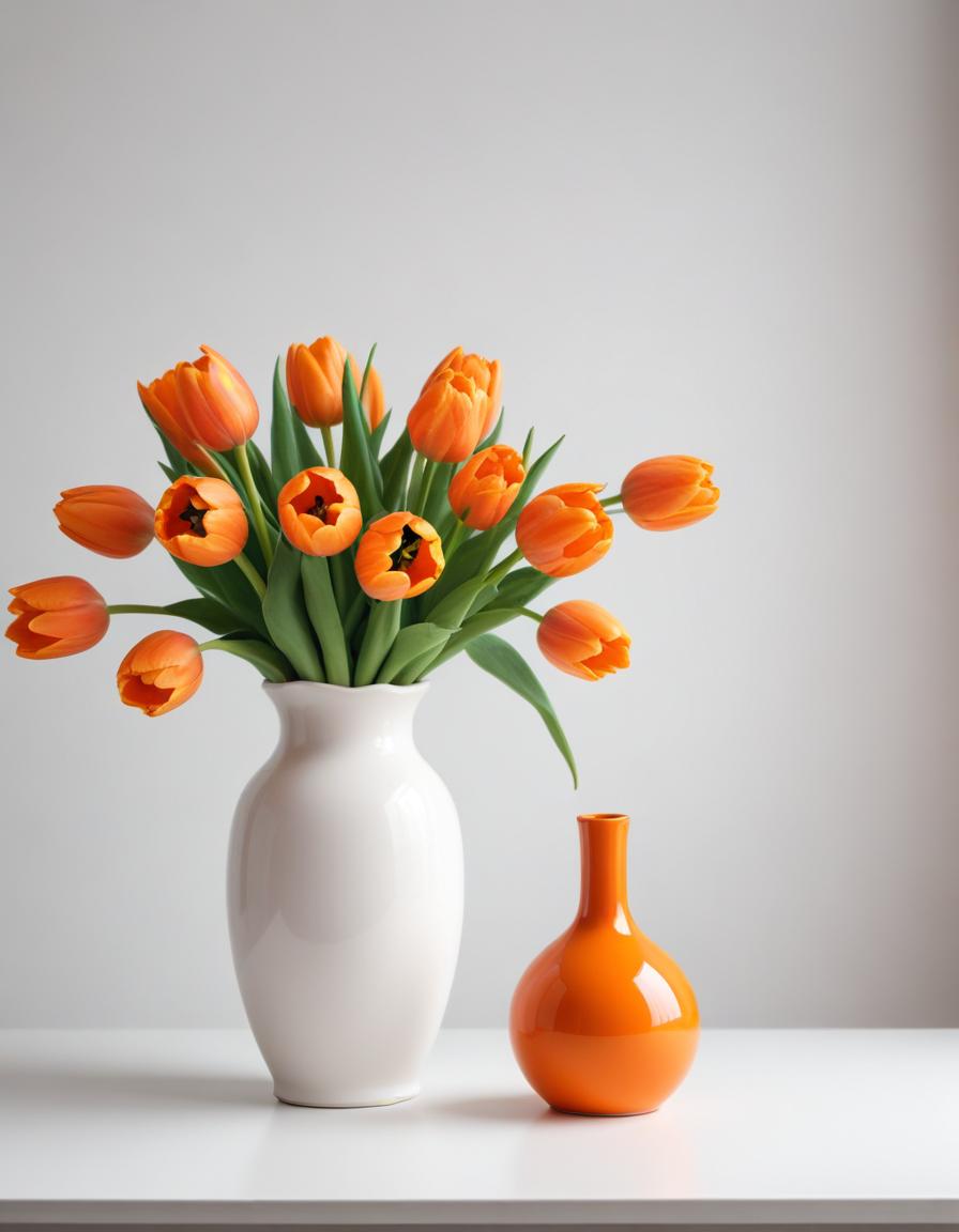 Bright orange tulips in elegant white vases on table Bright orange tulips in elegant white vases on table