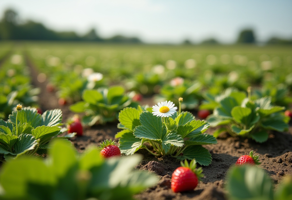 Strawberry field with blooming flowers in warm sunlight Strawberry field with blooming flowers in warm sunlight