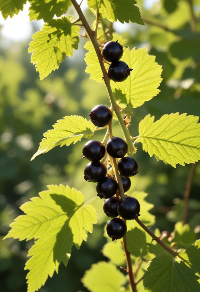 Blackcurrant berries grow on vibrant green leaves Blackcurrant berries grow on vibrant green leaves