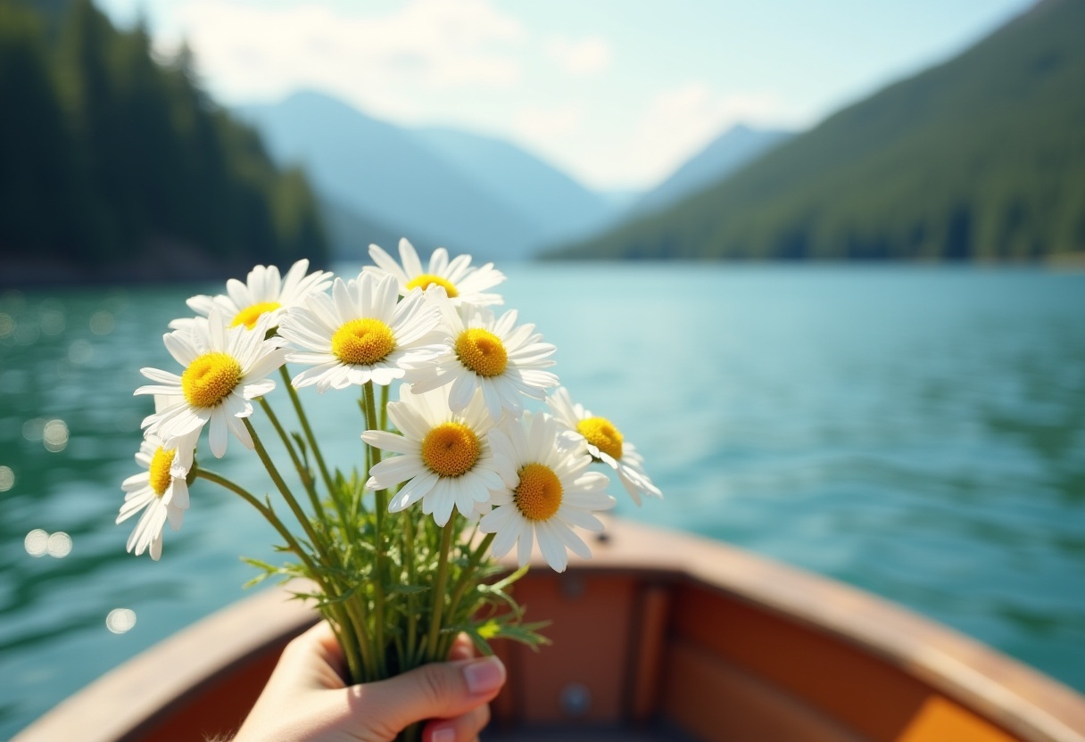 Holding daisies on a boat in a serene lake landscape Holding daisies on a boat in a serene lake landscape