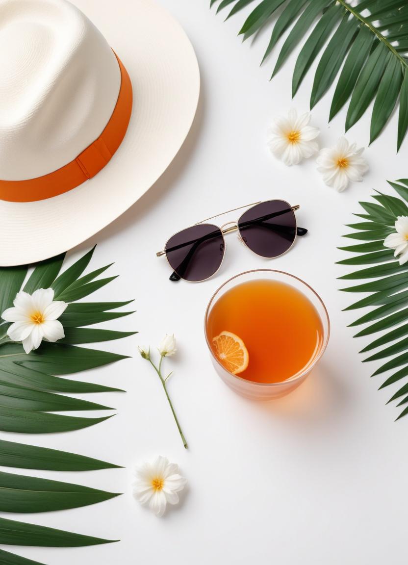 Summer relaxation setup with drink and accessories Summer relaxation setup with drink and accessories