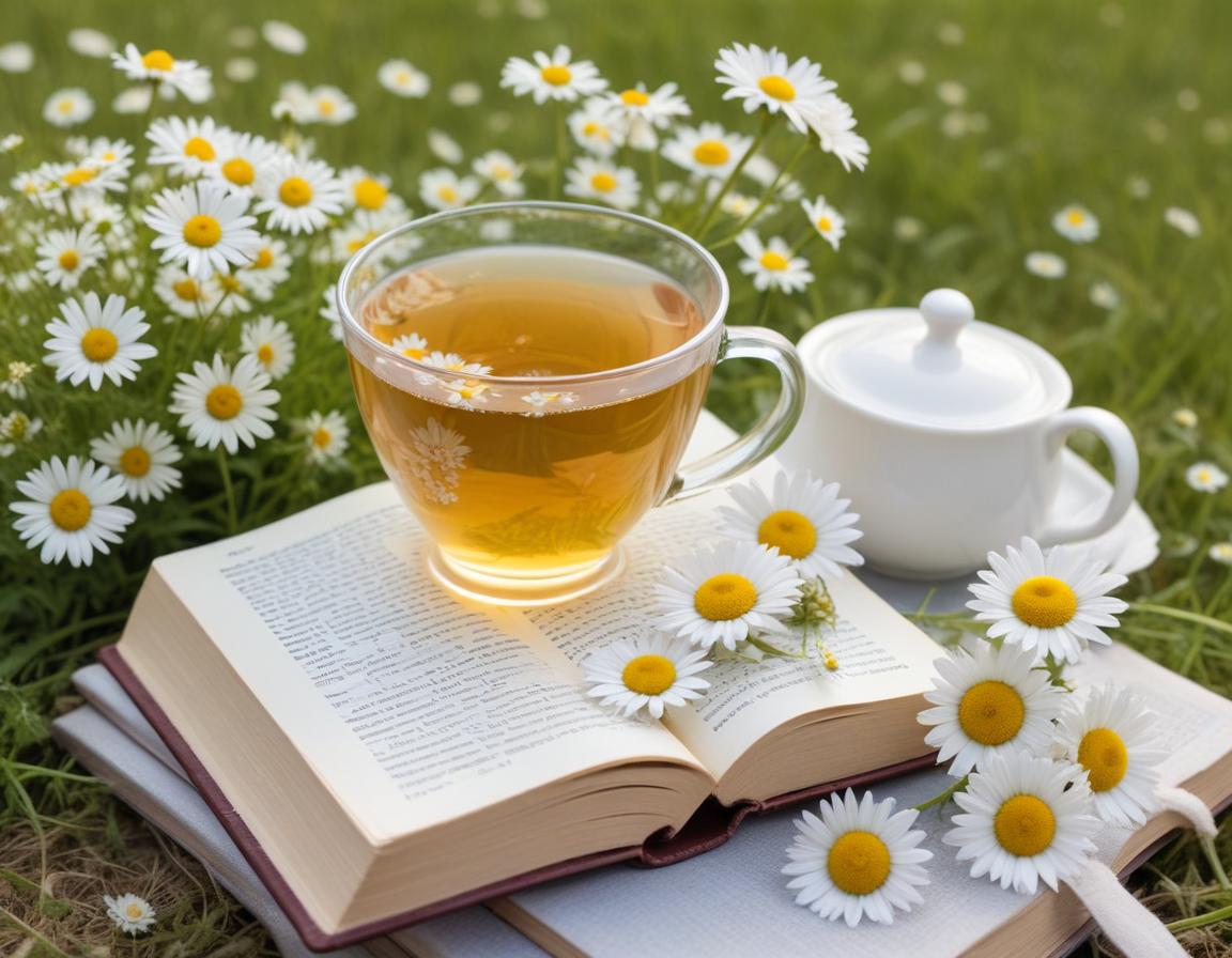 Relaxing with herbal tea and flowers in a meadow Relaxing with herbal tea and flowers in a meadow