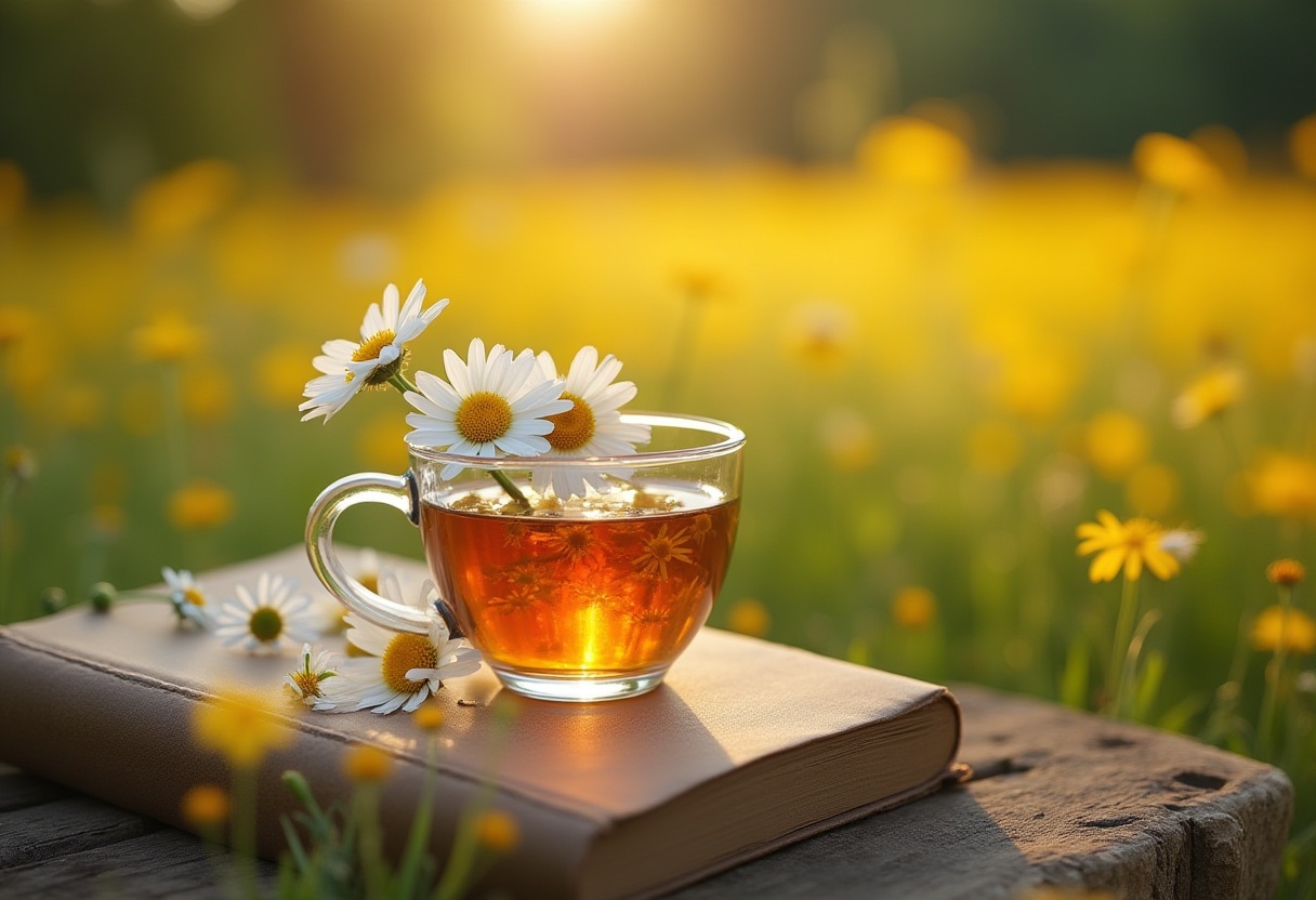 Enjoying herbal tea in a sunny meadow adorned with flowers Enjoying herbal tea in a sunny meadow adorned with flowers