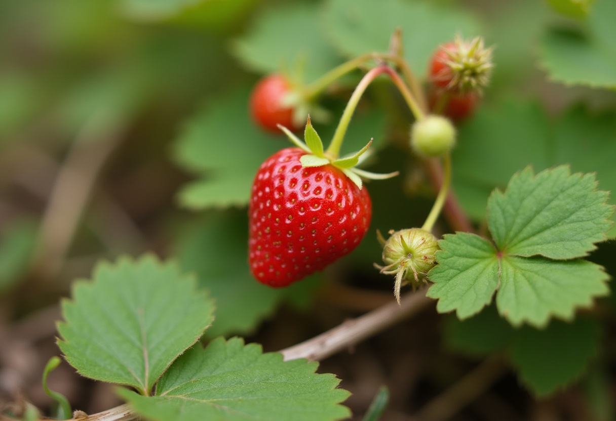 Ripe strawberry growing among green leaves in garden Ripe strawberry growing among green leaves in garden
