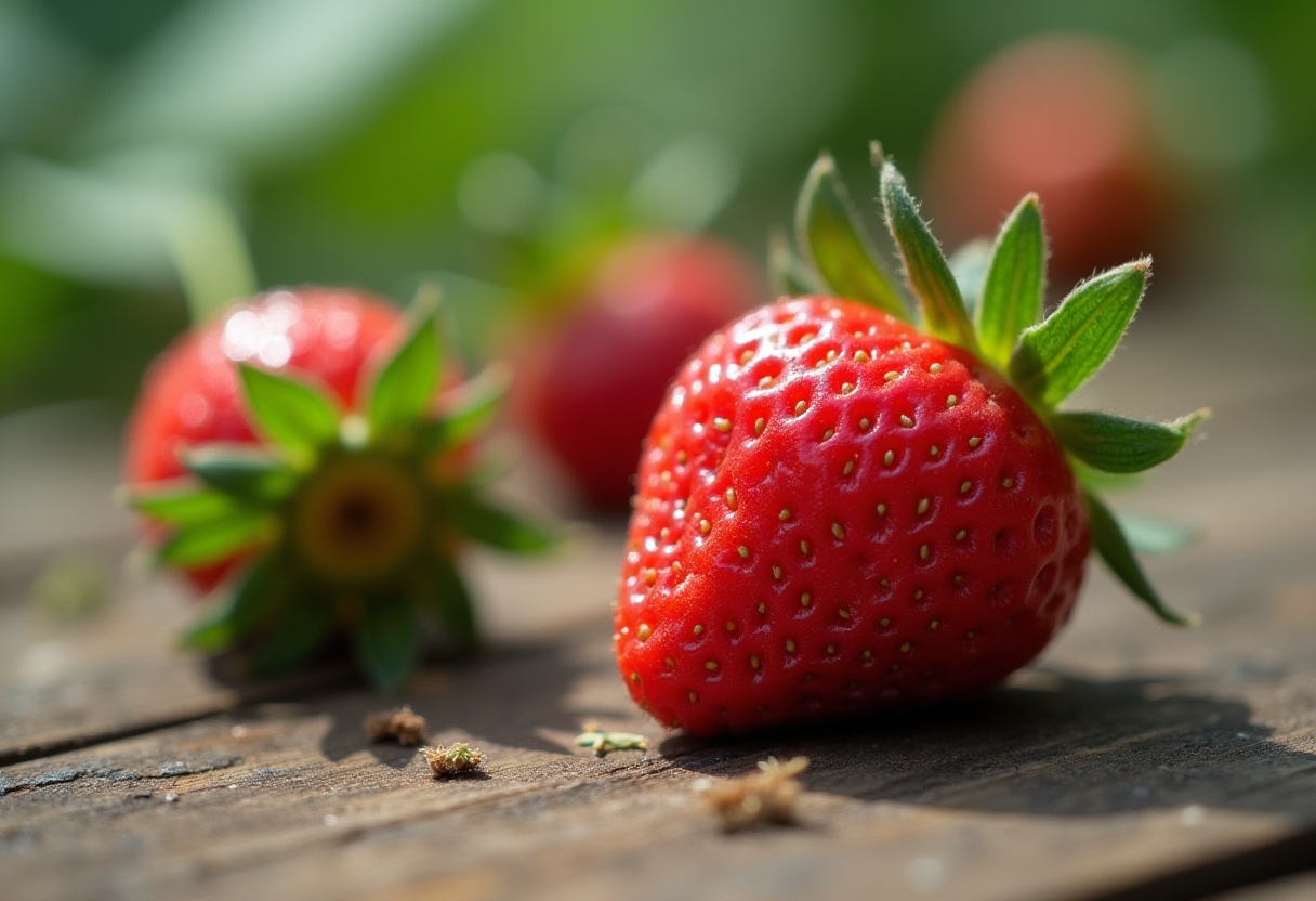 Fresh strawberries on wooden surface in sunlight Fresh strawberries on wooden surface in sunlight