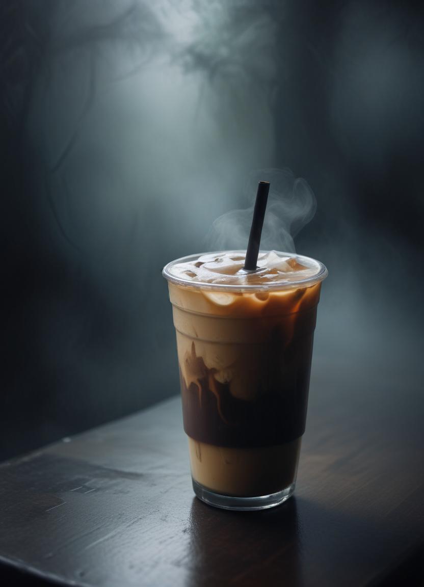 Iced coffee drink with steam in a dimly lit cafe Iced coffee drink with steam in a dimly lit cafe