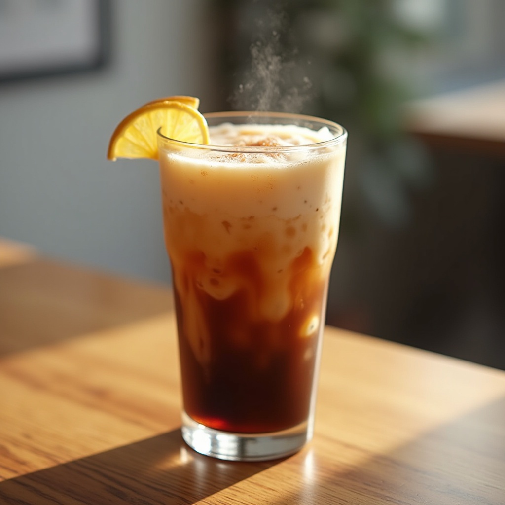 Iced coffee drink with lemon slice served indoors Iced coffee drink with lemon slice served indoors