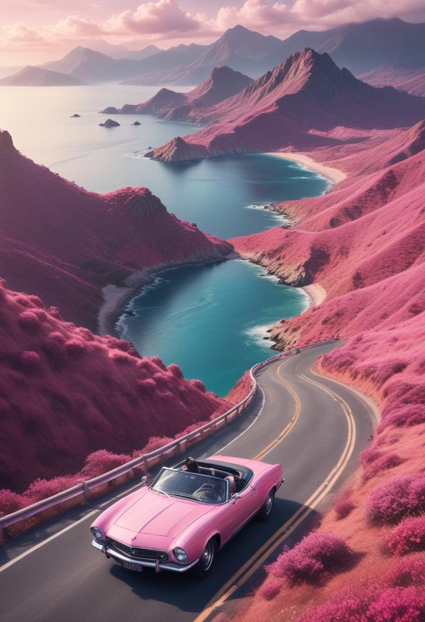 Scenic drive in a pink convertible through vibrant mountains Scenic drive in a pink convertible through vibrant mountains