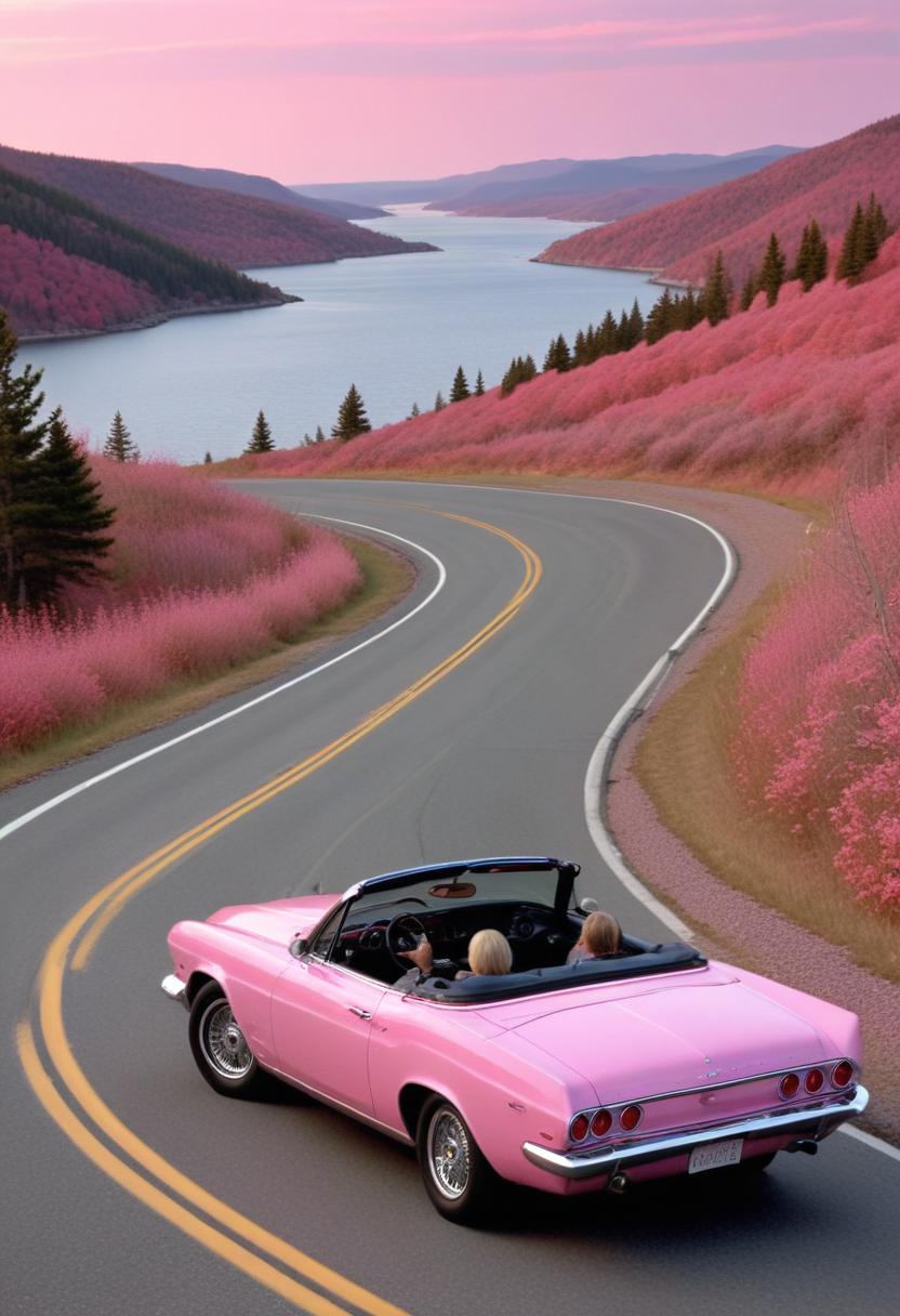 Classic convertible drives along vibrant pink landscape Classic convertible drives along vibrant pink landscape
