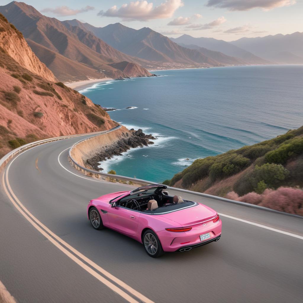 Stylish pink convertible cruising along coastal highway Stylish pink convertible cruising along coastal highway