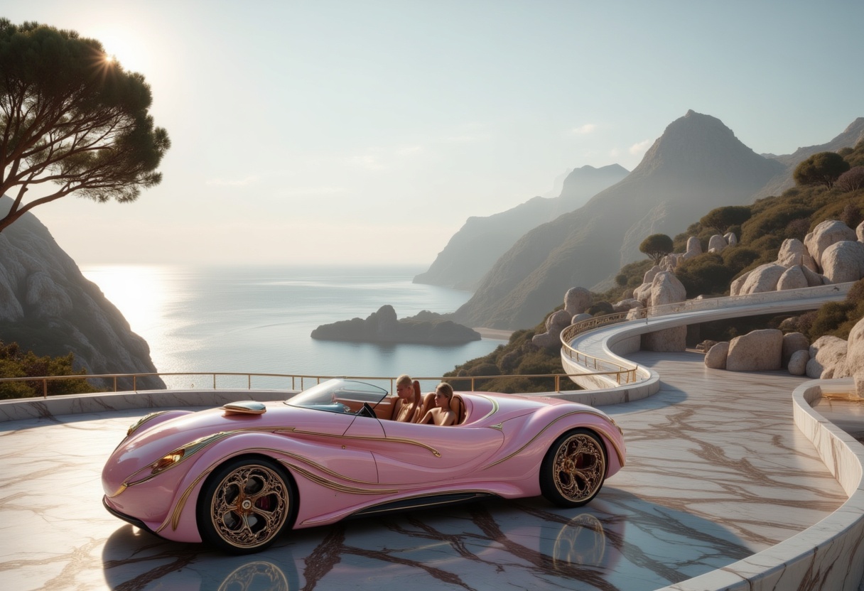 Dreamy drive along a coastal road in a pink convertible Dreamy drive along a coastal road in a pink convertible