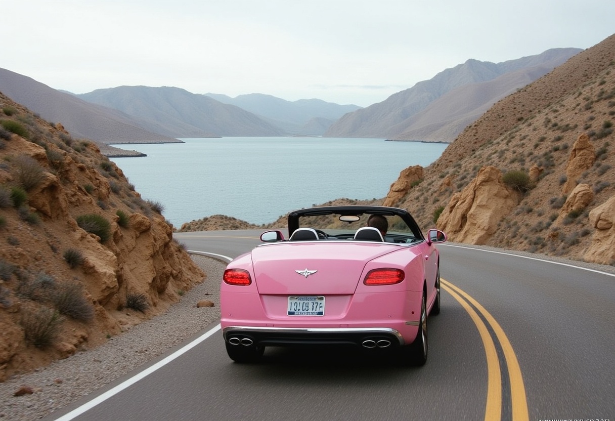 Driving a pink convertible along a scenic coastal route Driving a pink convertible along a scenic coastal route