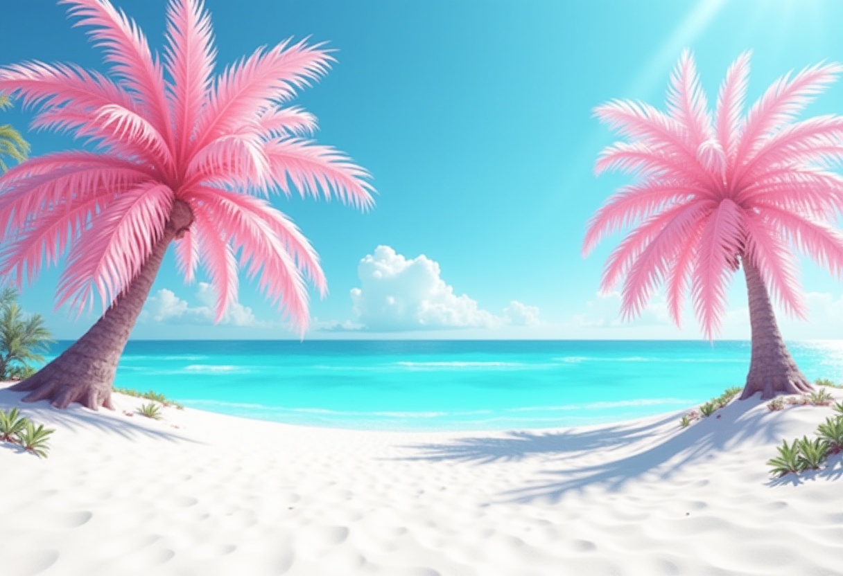 Vibrant pink palm trees lining a sandy beach Vibrant pink palm trees lining a sandy beach