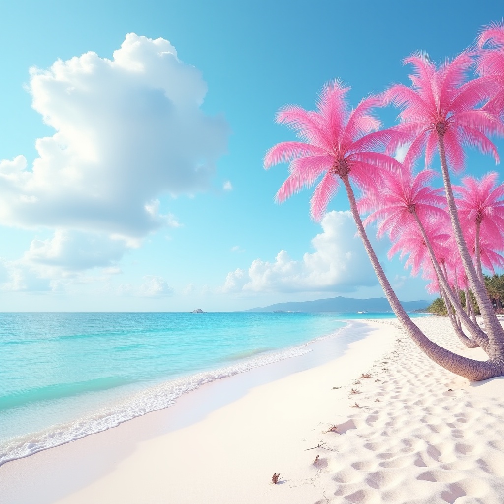 Pink palm trees by a tranquil beach under blue skies Pink palm trees by a tranquil beach under blue skies