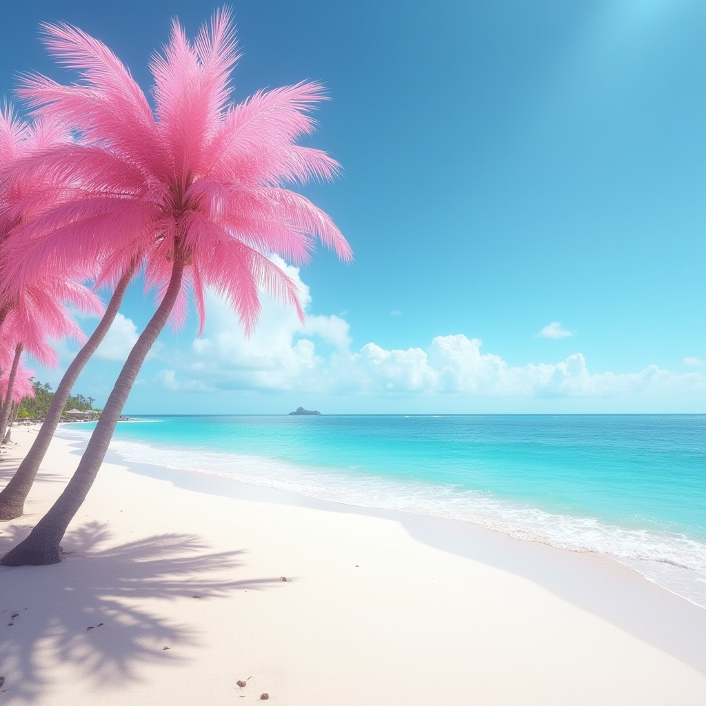 Tropical beach with pink palm trees under bright sky Tropical beach with pink palm trees under bright sky