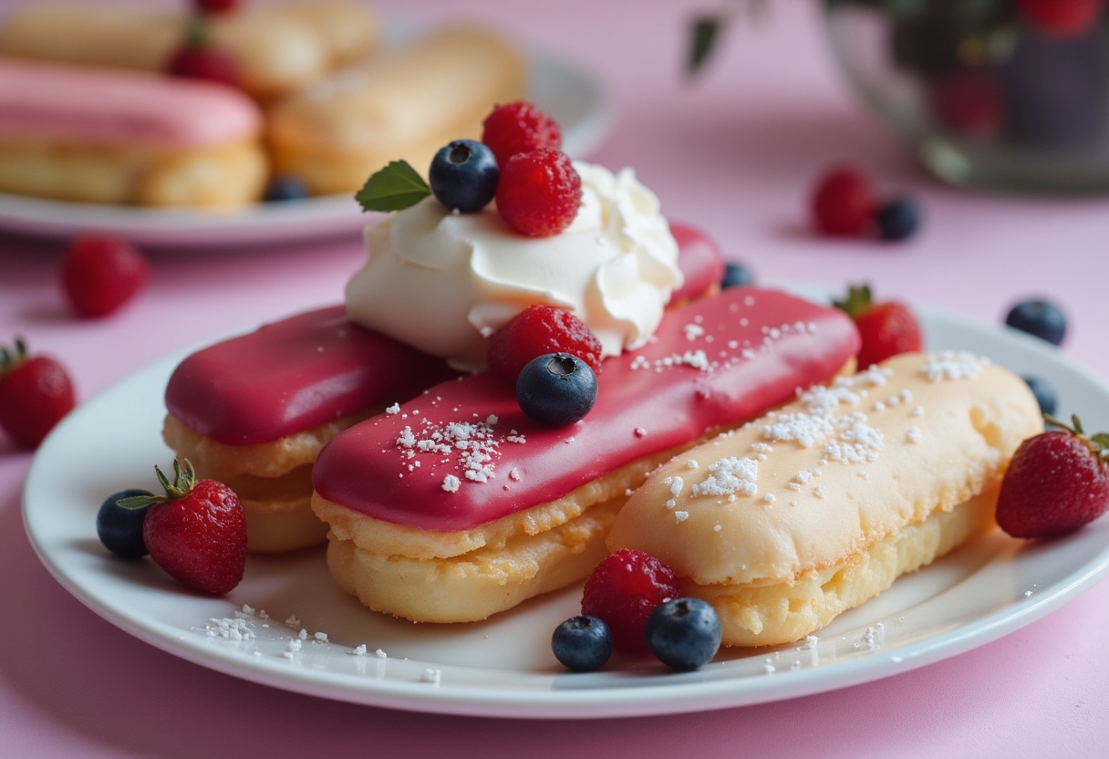 Delicious pastries decorated with berries and cream Delicious pastries decorated with berries and cream