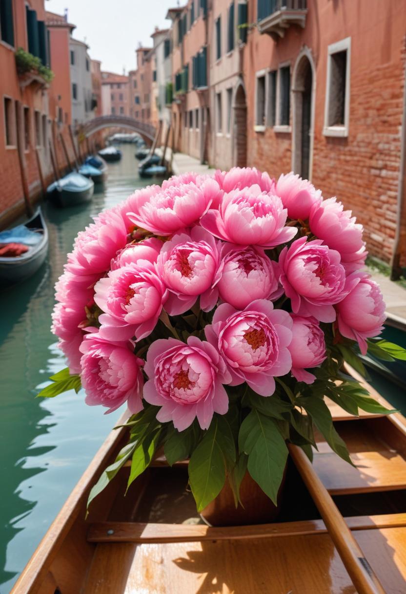 Beautiful pink peonies on a gondola in venice canal Beautiful pink peonies on a gondola in venice canal