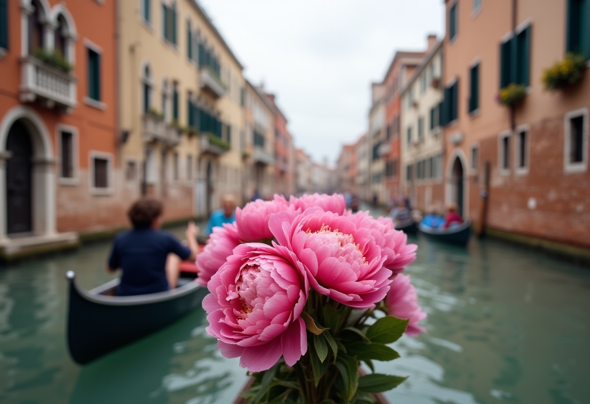 Flowers and gondolas on a tranquil canal in venice Flowers and gondolas on a tranquil canal in venice