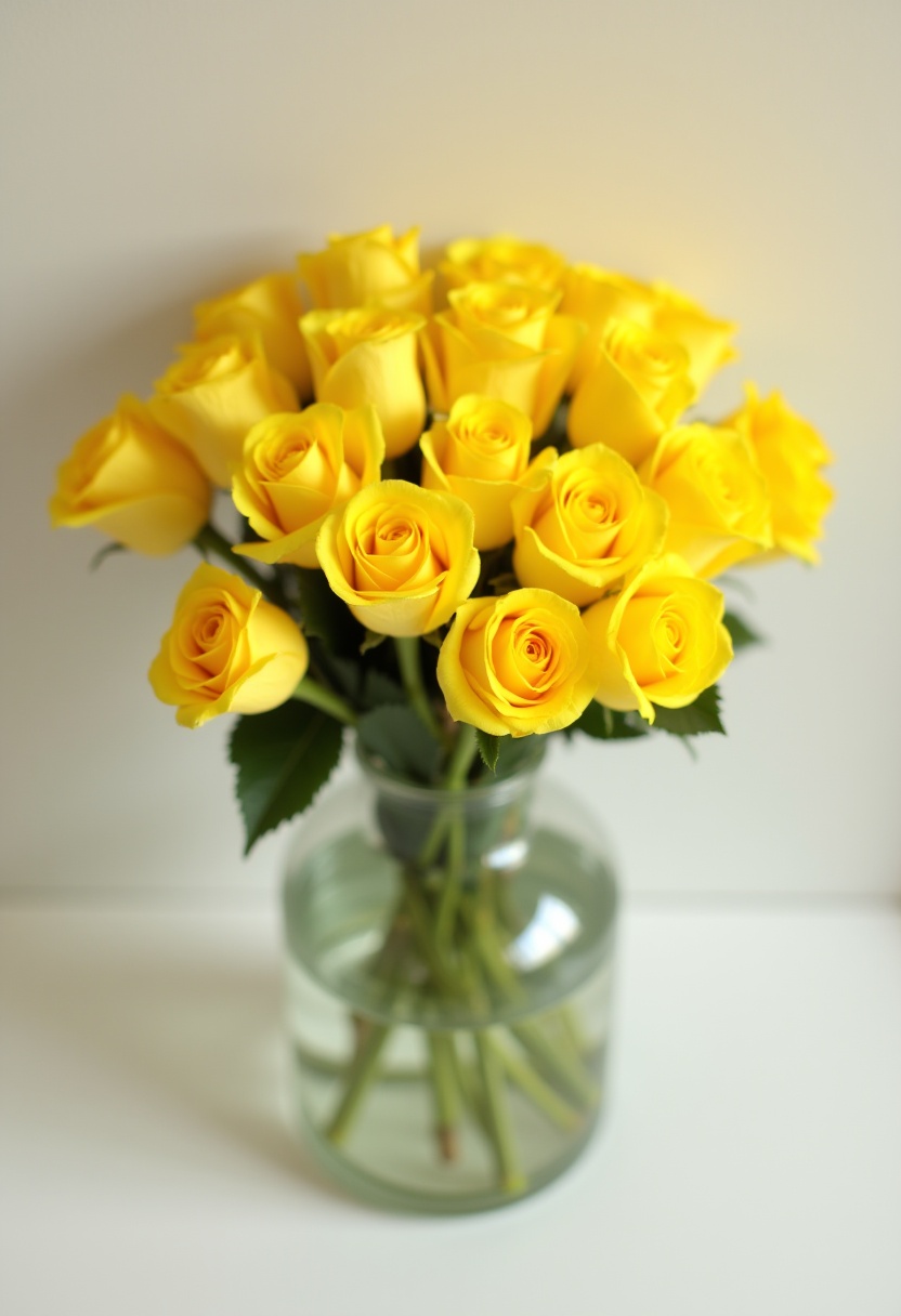 Bright yellow roses arranged in a clear glass vase Bright yellow roses arranged in a clear glass vase
