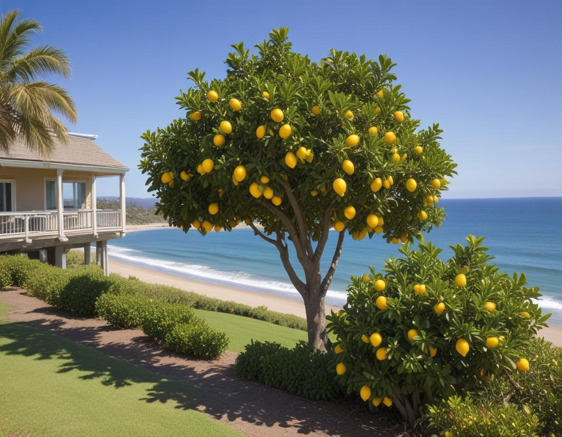 Lemon tree blossoms by the ocean in sunny landscape Lemon tree blossoms by the ocean in sunny landscape