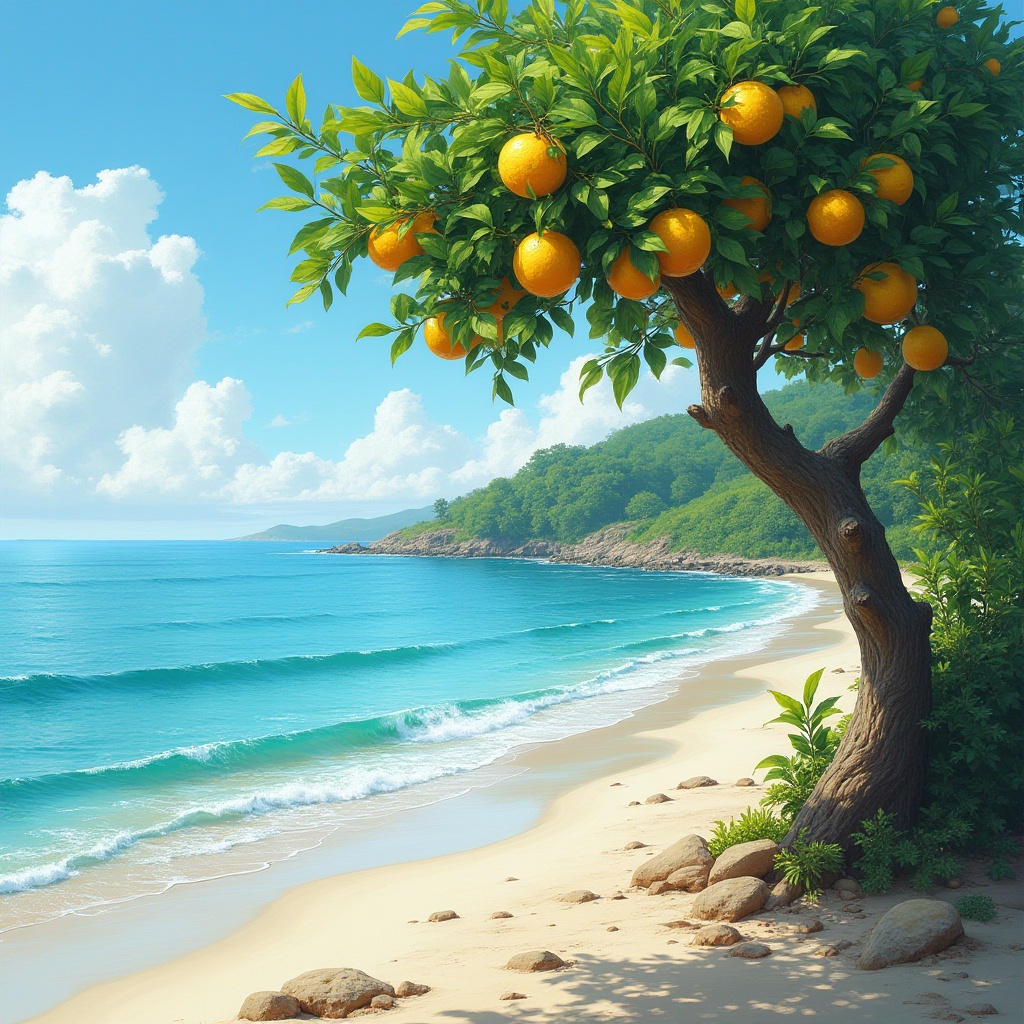 Serene beach view with orange tree under blue sky Serene beach view with orange tree under blue sky