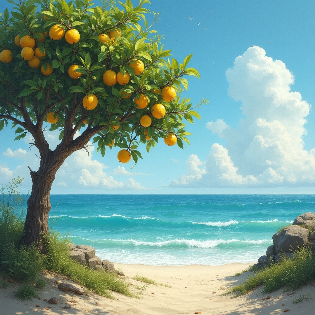 Lush orange tree by tranquil beach under bright blue sky Lush orange tree by tranquil beach under bright blue sky
