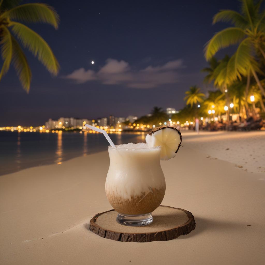 Tropical drink on the beach at night with lights Tropical drink on the beach at night with lights